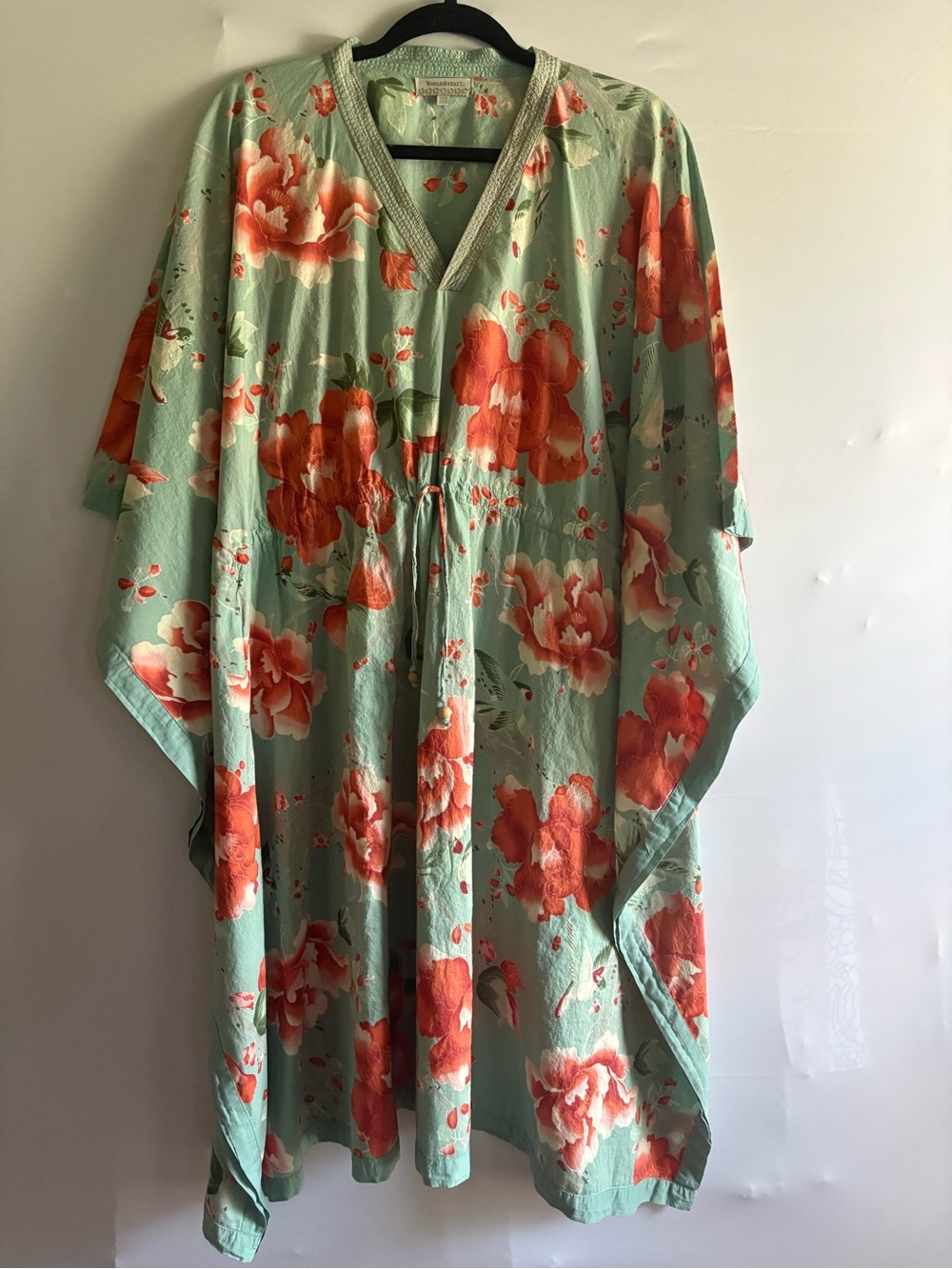 World Market Boho Floral Birds Kaftan with Cinch Waist